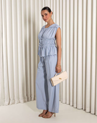 Blue linen blend sleeveless top with gathered detailing, relaxed fit