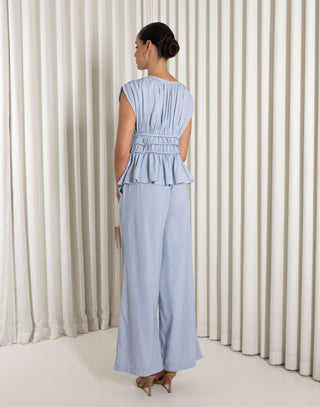 Blue linen blend sleeveless top with gathered detailing, relaxed fit