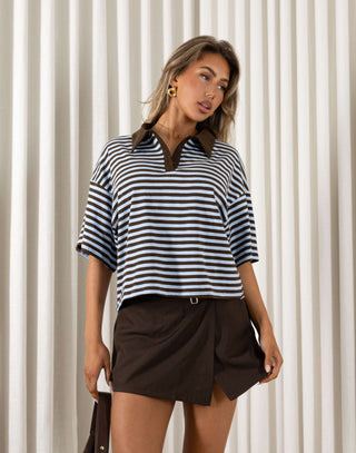 Brown mini skort with faux belt strap and side zip