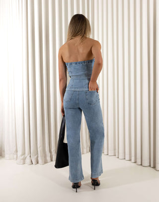 Denim high-waist straight jeans with removable belt and pockets