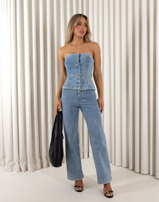 Denim-toned strapless fitted cotton top with removable belt