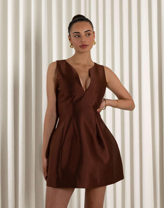 Brown A-line mini dress with V-neck, hook &amp; eye and side pockets