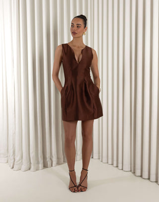 Brown A-line mini dress with V-neck, hook &amp; eye and side pockets