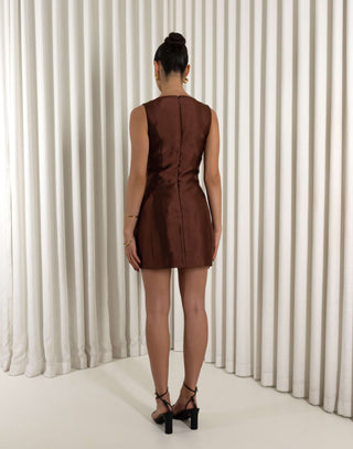 Brown A-line mini dress with V-neck, hook &amp; eye and side pockets