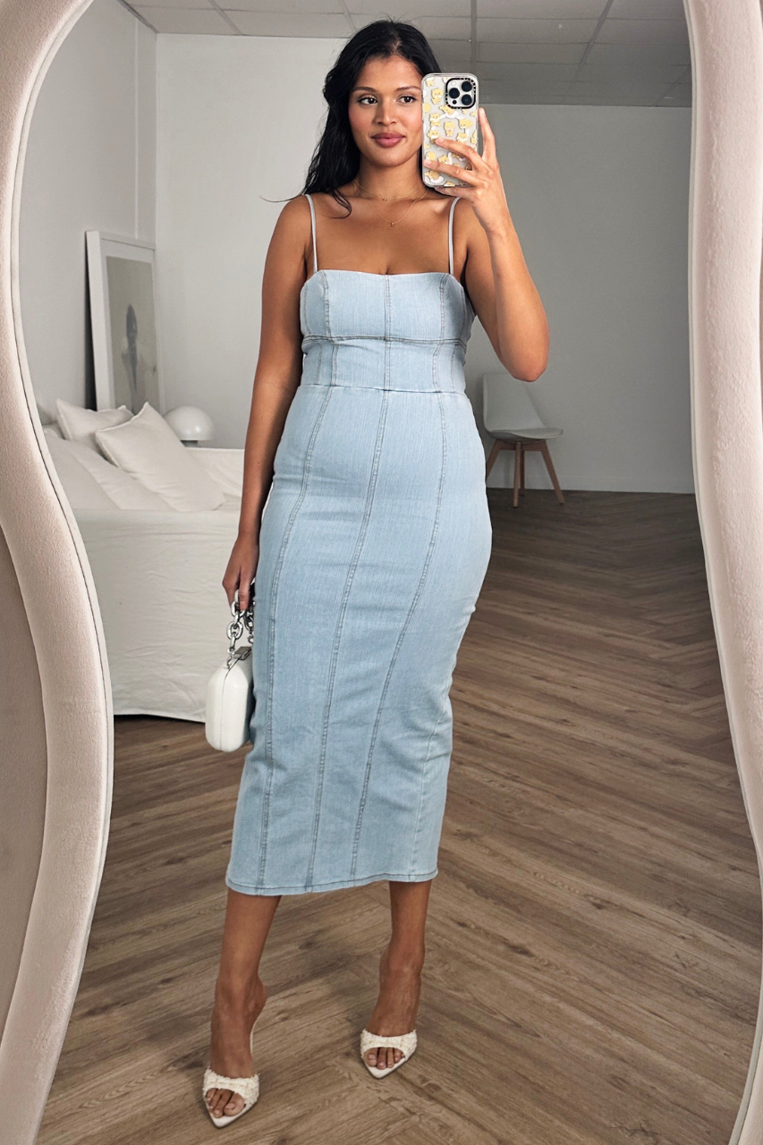 Stretch denim midi sales dress
