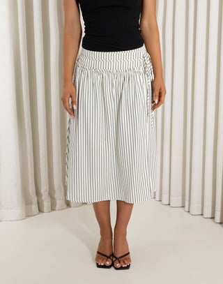 Stripe faux wrap midi skirt with self tie and side zip