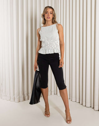 Striped top with shirred waist and adjustable tie straps