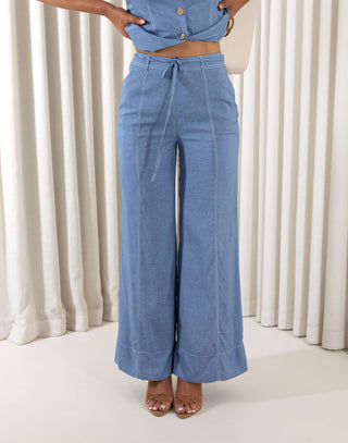 Blue wide leg high waisted pants with removable fabric waist tie