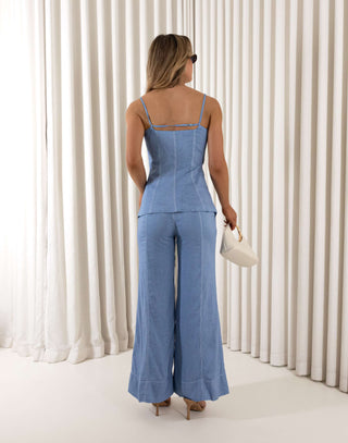 Blue wide leg high waisted pants with removable fabric waist tie