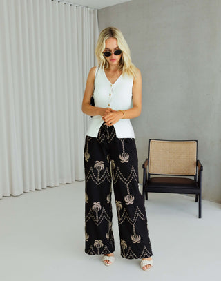 Elise Pants - High Waist Relaxed Embroidered Pants - Palmistry