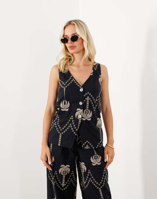 Elise Vest - Longline Relaxed Embroidered Vest - Palmistry