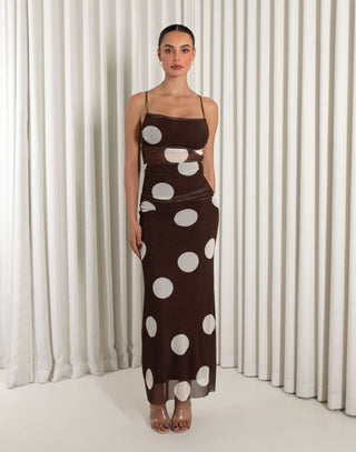 Brown mesh cowl neck maxi dress with adjustable straps and side zip