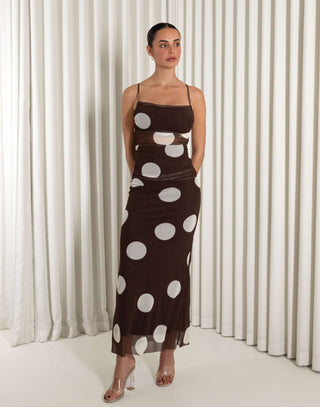 Brown mesh cowl neck maxi dress with adjustable straps and side zip