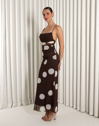 Brown mesh cowl neck maxi dress with adjustable straps and side zip