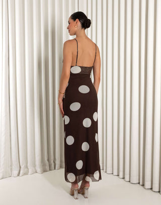 Brown mesh cowl neck maxi dress with adjustable straps and side zip