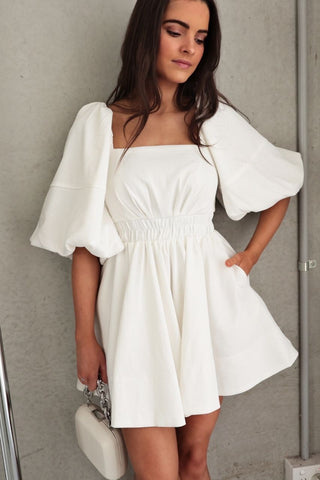 exaggerated puff shoulder dress mini white