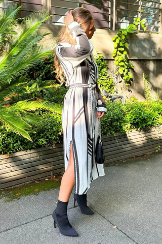 Flynn Dress - Linen Blend Collared Long Sleeve Midi Dress - Stripe