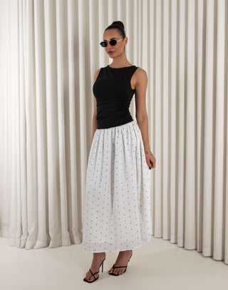 Black polka dot two-tone midi dress with fitted gathered bust