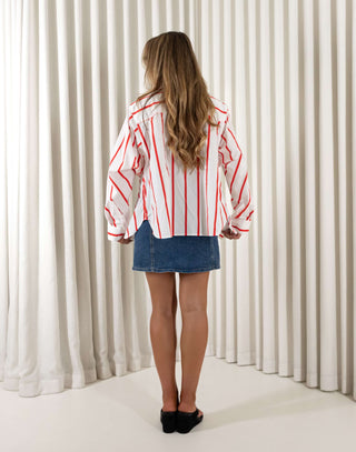 Red striped relaxed rayon button-up shirt with collar and patch pocket