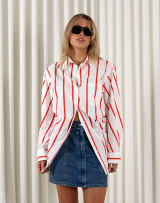 Red striped relaxed rayon button-up shirt with collar and patch pocket