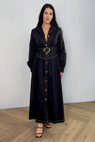 Grant Dress - Long Sleeve Collared Denim Midi Dress - Black Denim