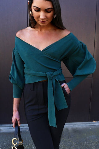 Tanya Top - Balloon Sleeves Wrap Knit Top - Emerald