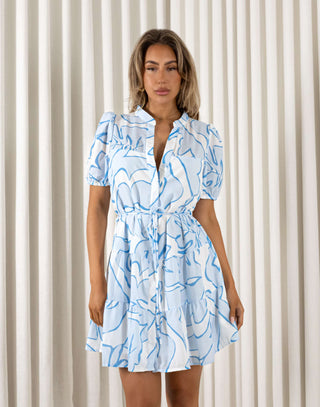 Blue floral linen-blend mini dress with mandarin collar and tie waist