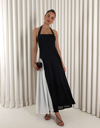 Black and white two tone halter midi dress with back zip