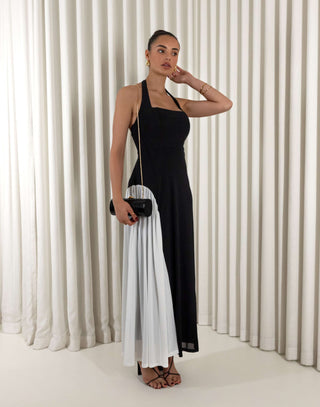 Black and white two tone halter midi dress with back zip