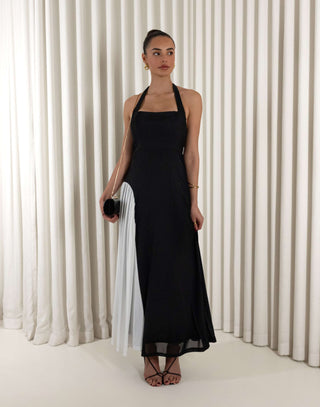 Black and white two tone halter midi dress with back zip