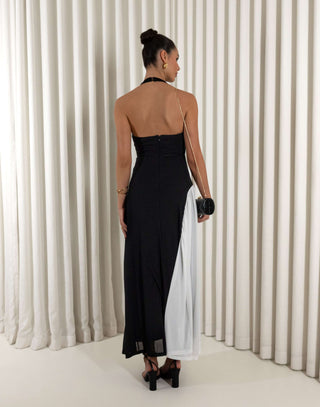 Black and white two tone halter midi dress with back zip