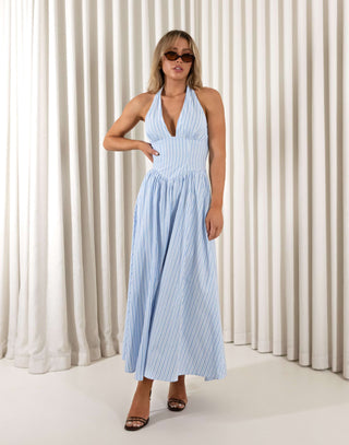 Blue and white stripe halter maxi dress with shirred back and mini lining