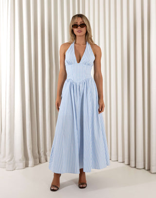 Blue and white stripe halter maxi dress with shirred back and mini lining