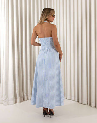 Blue and white stripe halter maxi dress with shirred back and mini lining