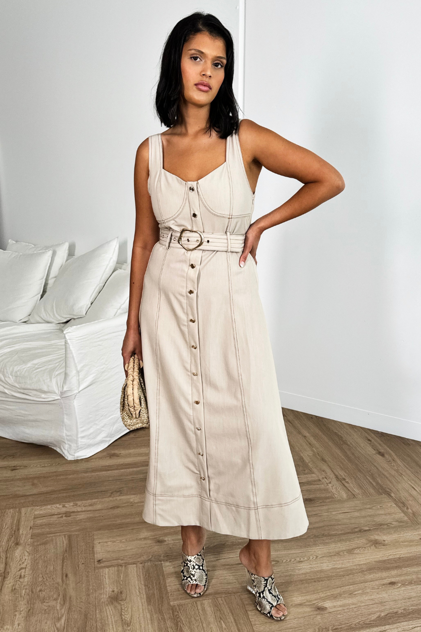 Jacqui Dress Beige Button Down Midi Dress with Belt