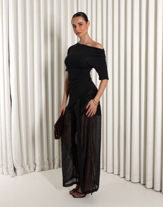 Black high waisted pants with sheer organza legs and shorts lining