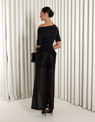 Black high waisted pants with sheer organza legs and shorts lining