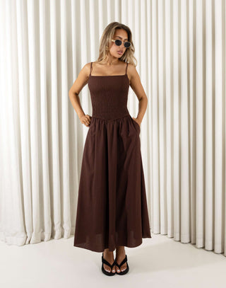 Brown flax cotton midi dress with shirred bust and adjustable straps