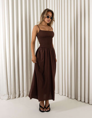 Brown flax cotton midi dress with shirred bust and adjustable straps