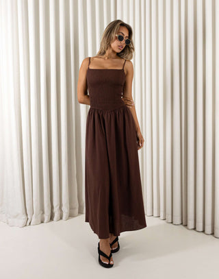 Brown flax cotton midi dress with shirred bust and adjustable straps