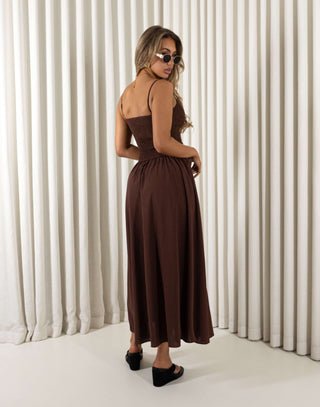 Brown flax cotton midi dress with shirred bust and adjustable straps