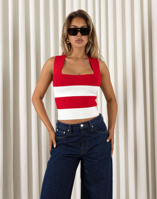 Red and white striped fitted top with straight neckline and thick straps