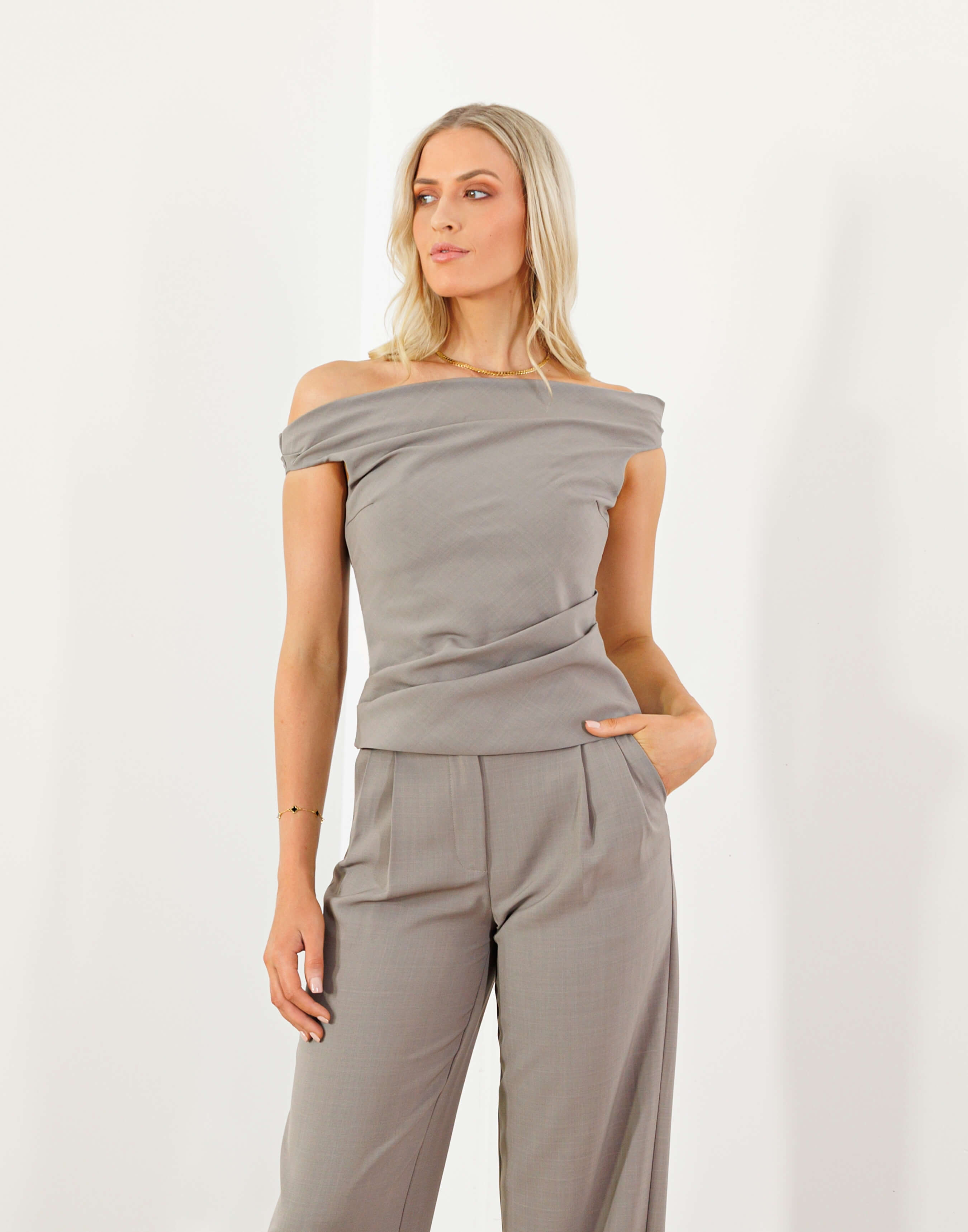 Josh Top Off Shoulder Fitted Gathered Top Taupe - Main Image