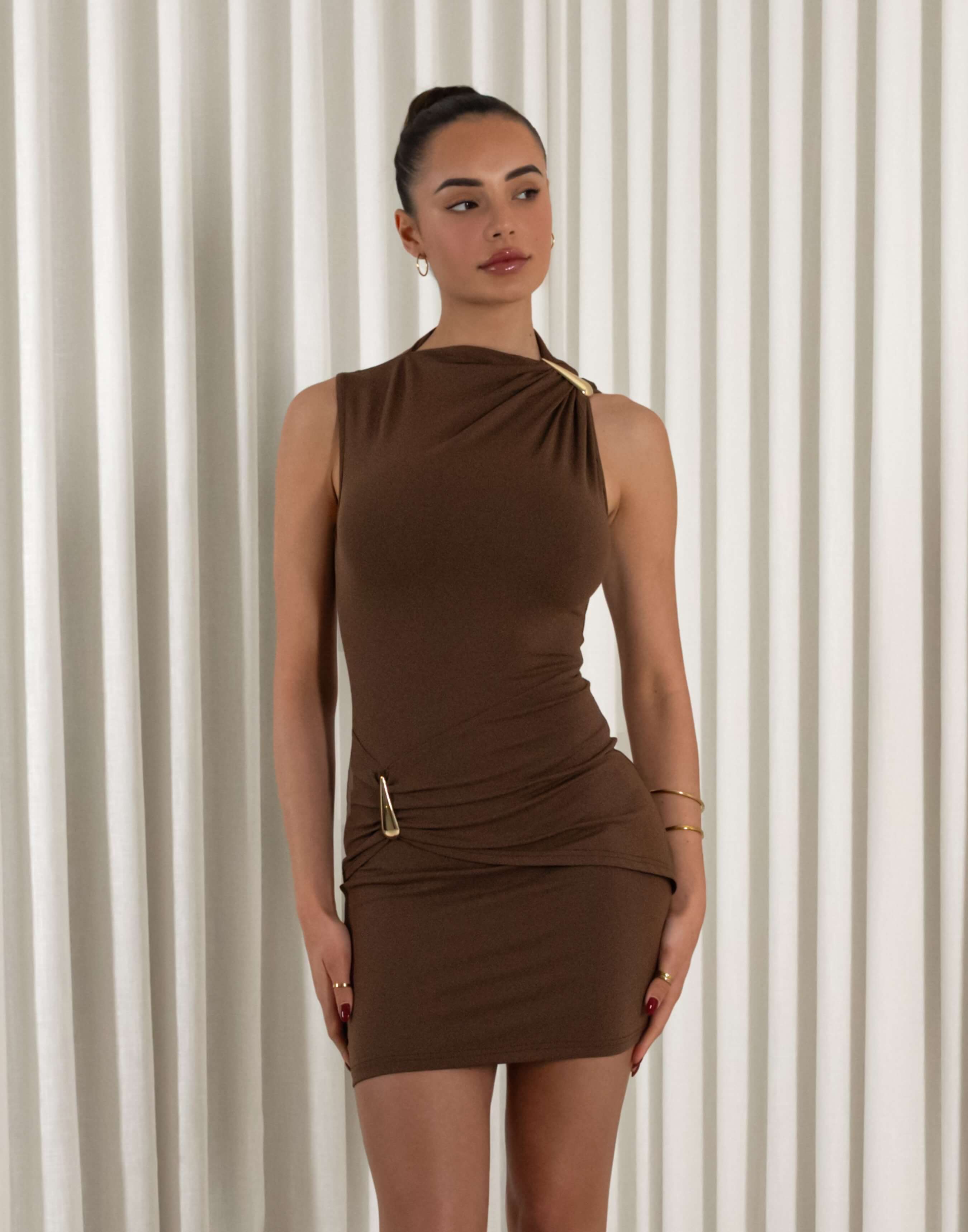 Kendall Mini Dress - Boat Drape Neck Jersey Dress in Brown | MVE Boutique Kendall Mini Dress - Boat Drape Neck Jersey Dress in Brown | MVE Boutique