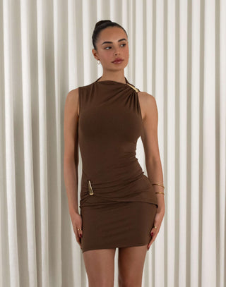 Brown fitted mini dress with high neck, gathered detail and buckle accents
