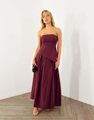 Laurel strapless fitted top in wine, asymmetric hem
