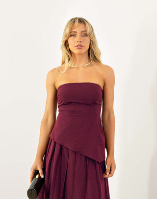 Laurel strapless fitted top in wine, asymmetric hem
