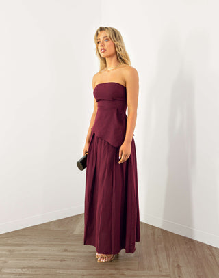 Laurel strapless fitted top in wine, asymmetric hem