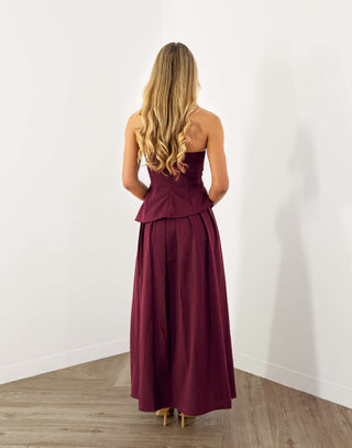 Laurel strapless fitted top in wine, asymmetric hem