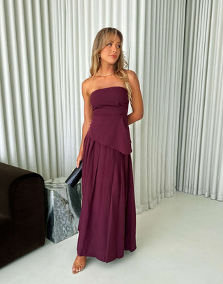 Laurel strapless fitted top in wine, asymmetric hem